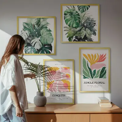 Moderne posters Bloemen en bladeren meerluik in lijst