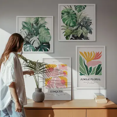 Moderne posters Bloemen en bladeren meerluik in lijst