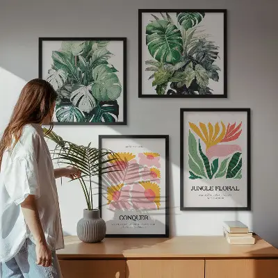 Moderne posters Bloemen en bladeren meerluik in lijst