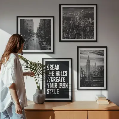 Stadsstraten in zwart-wit kunstwerk als meerluik in lijst