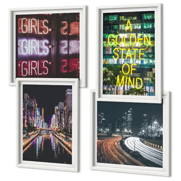 Set van posters met lijst Neonreclames in de stad 's nachts