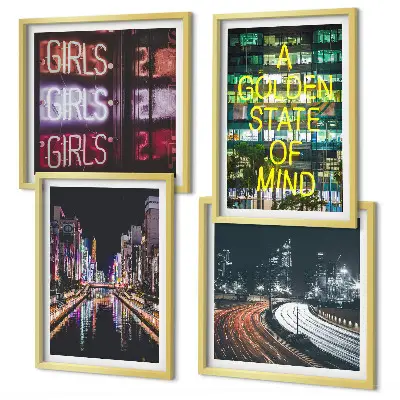 Set van posters met lijst Neonreclames in de stad 's nachts