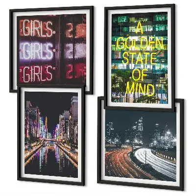 Set van posters met lijst Neonreclames in de stad 's nachts