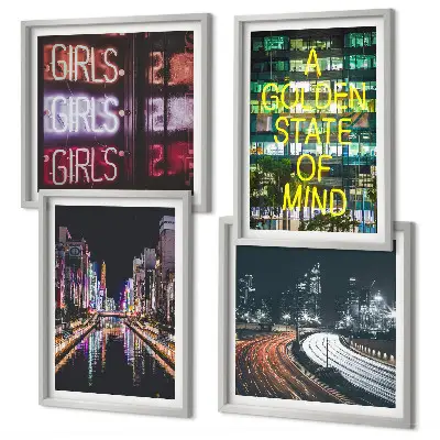 Set van posters met lijst Neonreclames in de stad 's nachts