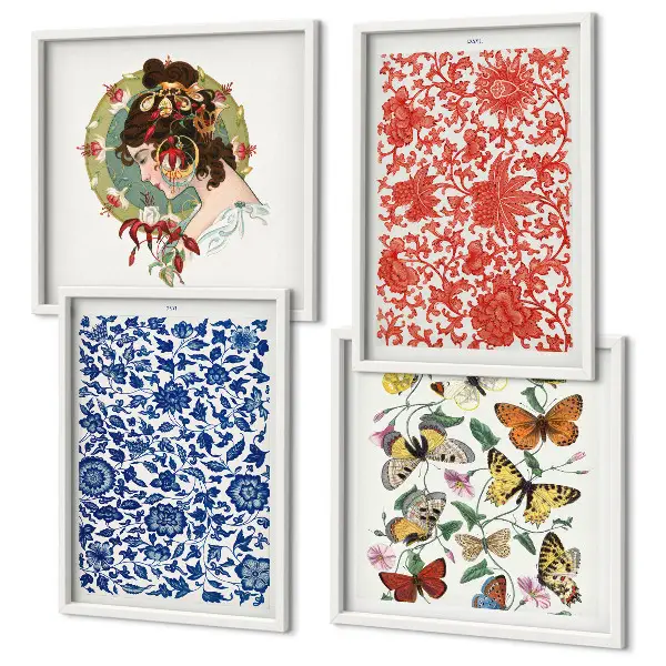 Posterset met lijsten vintage bloemen en vlinderornamenten