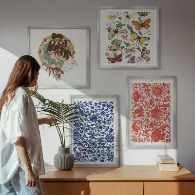 Posterset met lijsten vintage bloemen en vlinderornamenten