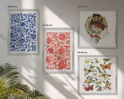 Posterset met lijsten vintage bloemen en vlinderornamenten