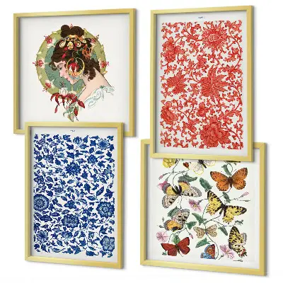 Posterset met lijsten vintage bloemen en vlinderornamenten