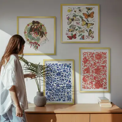 Posterset met lijsten vintage bloemen en vlinderornamenten