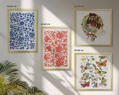 Posterset met lijsten vintage bloemen en vlinderornamenten