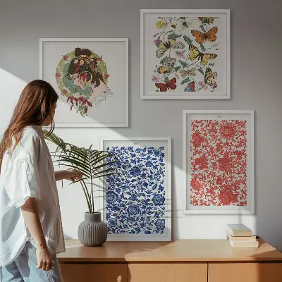 Posterset met lijsten vintage bloemen en vlinderornamenten