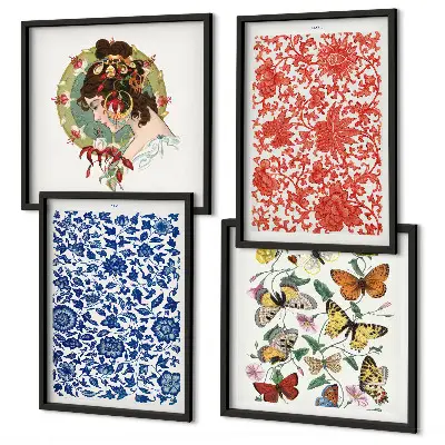 Posterset met lijsten vintage bloemen en vlinderornamenten