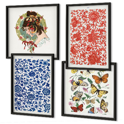 Set van posters met lijst Vintage bloemen en vlinders ornamenten