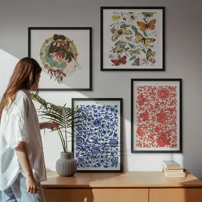 Posterset met lijsten vintage bloemen en vlinderornamenten