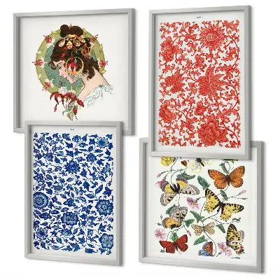 Posterset met lijsten vintage bloemen en vlinderornamenten