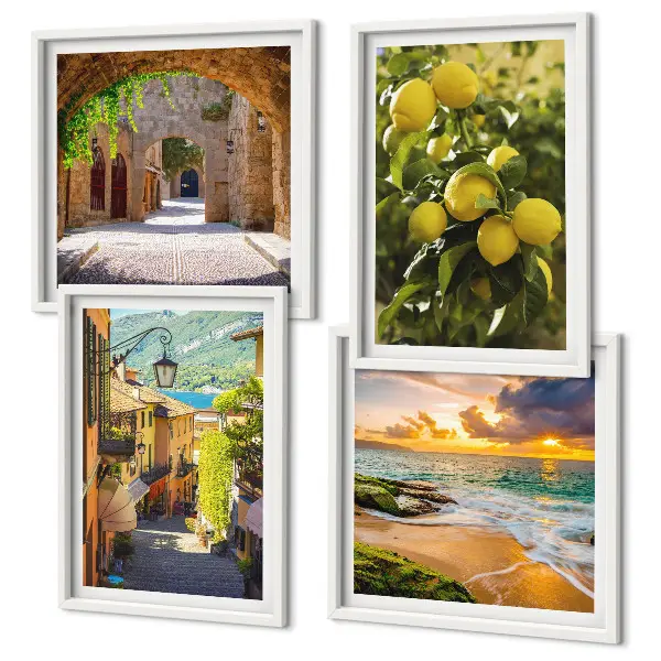Set posters met lijst schilderachtige straatjes aan zee en strand