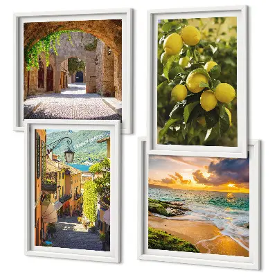 Set van posters met lijst Schilderachtige straatjes aan zee, strand