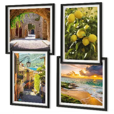 Set posters met lijst schilderachtige straatjes aan zee en strand