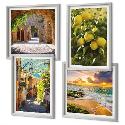 Set posters met lijst schilderachtige straatjes aan zee en strand