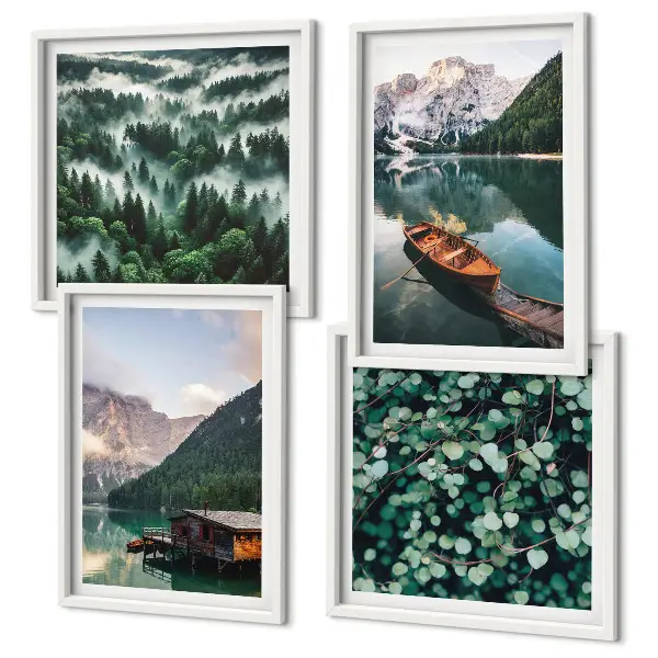 Set posters met lijst bergmeer met een boot in de mist