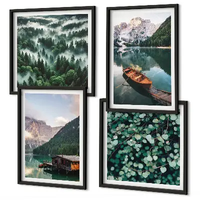Set posters met lijst bergmeer met een boot in de mist