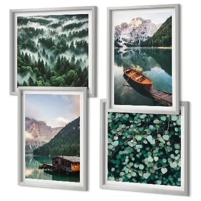 Set posters met lijst bergmeer met een boot in de mist