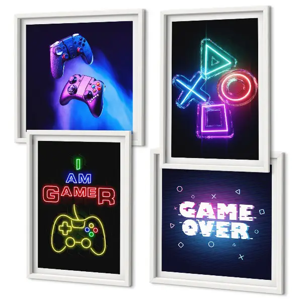 Meerluik in lijst decoratieve wandkunst met gamepads en spelerspictogrammen