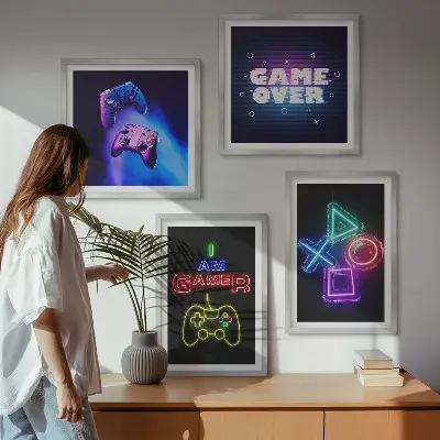 Meerluik in lijst decoratieve wandkunst met gamepads en spelerspictogrammen