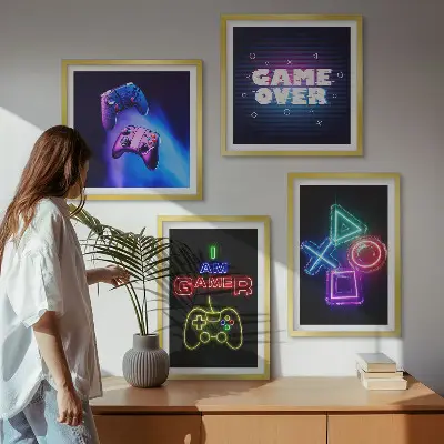 Meerluik in lijst decoratieve wandkunst met gamepads en spelerspictogrammen