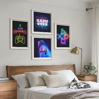Meerluik in lijst decoratieve wandkunst met gamepads en spelerspictogrammen