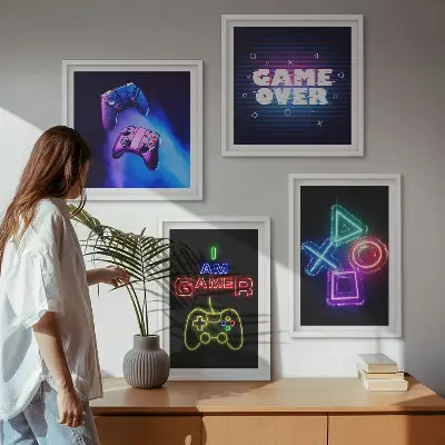 Meerluik in lijst decoratieve wandkunst met gamepads en spelerspictogrammen