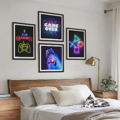 Meerluik in lijst decoratieve wandkunst met gamepads en spelerspictogrammen