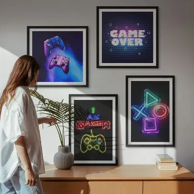 Meerluik in lijst decoratieve wandkunst met gamepads en spelerspictogrammen