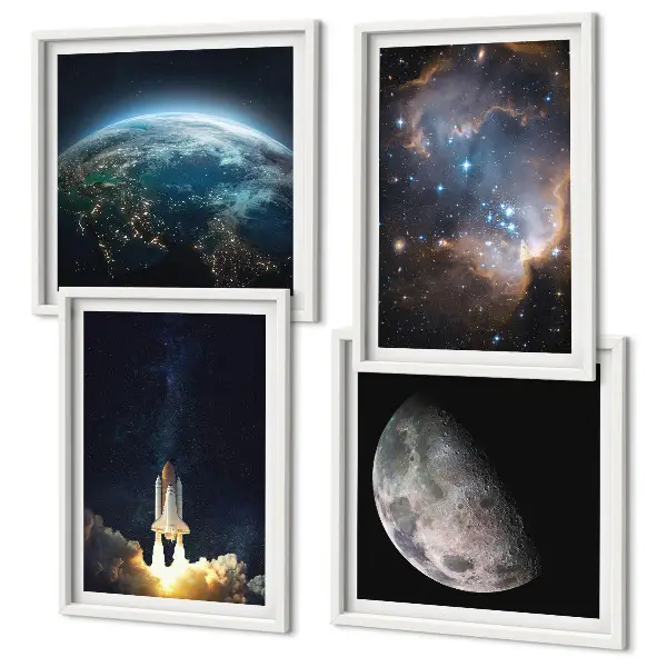 Set posters met lijst met thema ruimte aarde raket melkweg