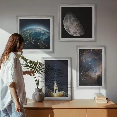 Set posters met lijst met thema ruimte aarde raket melkweg