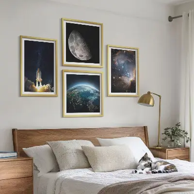 Set posters met lijst met thema ruimte aarde raket melkweg