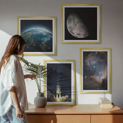 Set posters met lijst met thema ruimte aarde raket melkweg