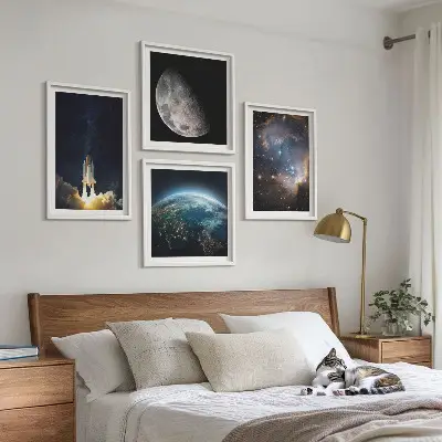 Set posters met lijst met thema ruimte aarde raket melkweg