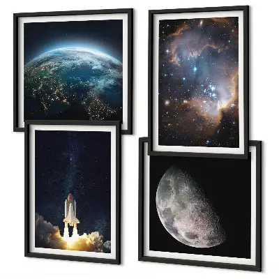 Set posters met lijst met thema ruimte aarde raket melkweg