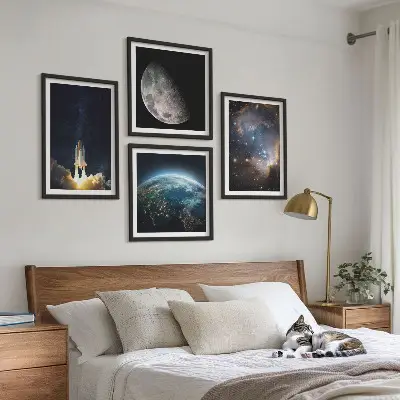 Set posters met lijst met thema ruimte aarde raket melkweg