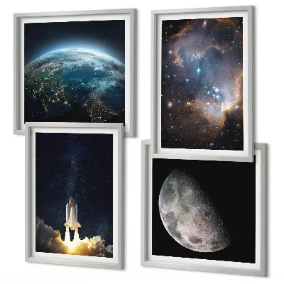 Set posters met lijst met thema ruimte aarde raket melkweg