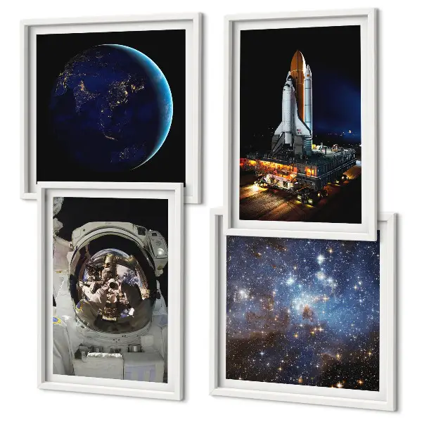 Poster set met lijst ruimte met aarde, astronaut en raket
