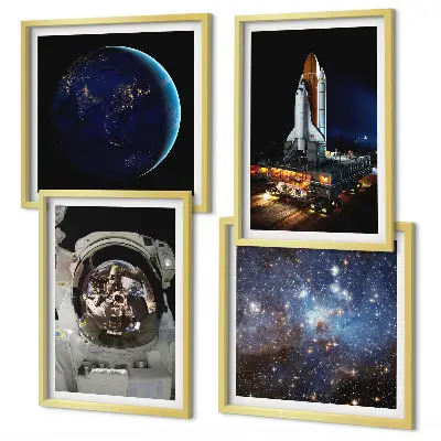 Poster set met lijst ruimte met aarde, astronaut en raket