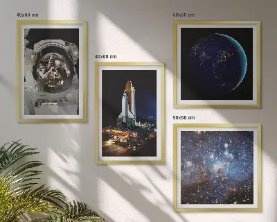 Poster set met lijst ruimte met aarde, astronaut en raket