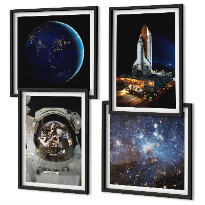 Poster set met lijst ruimte met aarde, astronaut en raket