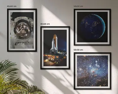 Poster set met lijst ruimte met aarde, astronaut en raket