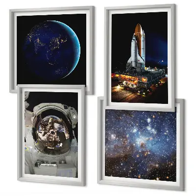 Poster set met lijst ruimte met aarde, astronaut en raket