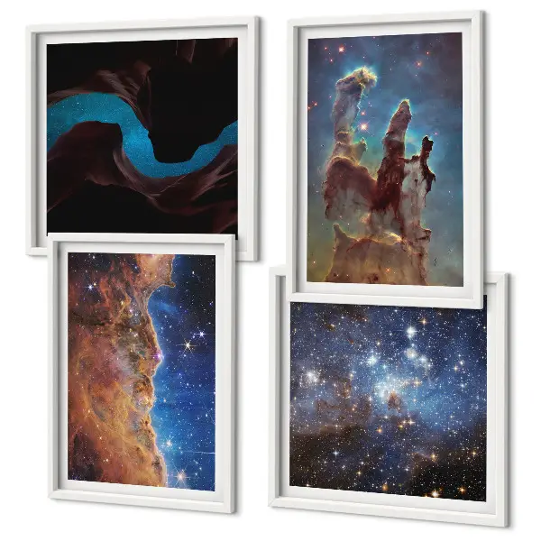 Set van posters met lijst Ruimtelandschappen van sterrenstelsels