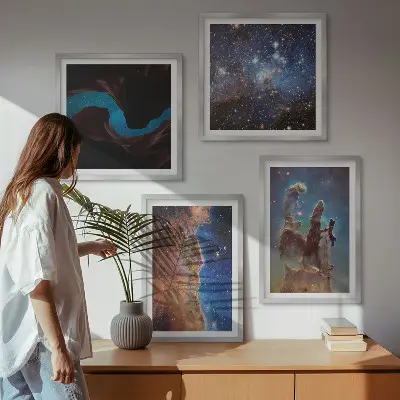 Set van posters met lijst Ruimtelandschappen van sterrenstelsels
