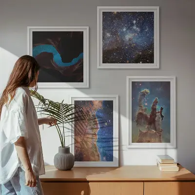 Set van posters met lijst Ruimtelandschappen van sterrenstelsels